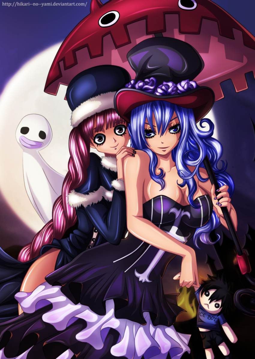 2girls bare_shoulders black_eyes black_nails blue_eyes blue_hair breasts capelet character_doll cleavage cosplay costume_switch cross dress eyelashes fairy_tail flower frilled_dress frills fur_trim ghost gray_fullbuster hand_on_another's_shoulder hat hat_flower highres hikari_no_yami juvia_lockser juvia_lockser_(cosplay) large_breasts long_hair multiple_girls nail_polish one_piece perona perona_(cosplay) pink_hair purple_nails purple_rose rose side_slit smile strapless strapless_dress top_hat umbrella