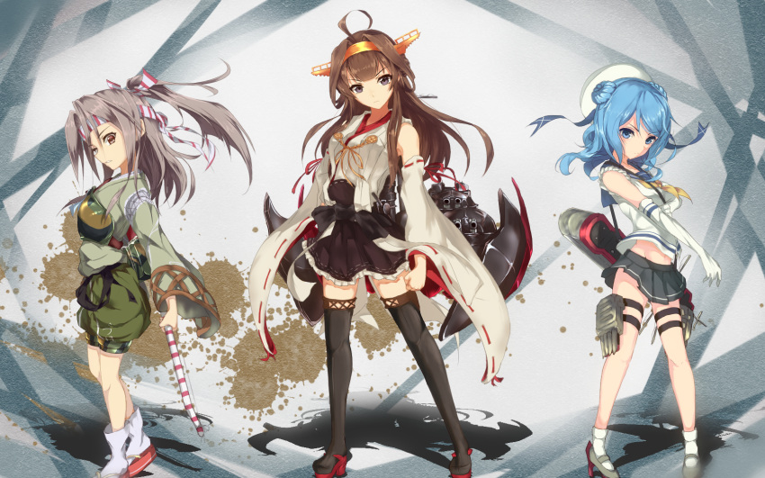 3girls ahoge bare_shoulders beret black_legwear blue_eyes blue_hair bow_(weapon) brown_eyes brown_hair commentary_request double_bun gloves grey_hair hachimaki hat headband highres japanese_clothes kantai_collection kongou_(kantai_collection) looking_at_viewer looking_to_the_side machinery miniskirt multiple_girls muneate nontraditional_miko pleated_skirt ponytail remodel_(kantai_collection) rerubixi school_uniform serafuku skirt torpedo turret urakaze_(kantai_collection) weapon white_gloves zuihou_(kantai_collection)