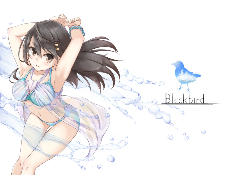 1girl alternate_costume armpits arms_up bare_shoulders bikini black_hair blue_bikini breasts brown_eyes commentary_request eyebrows eyebrows_visible_through_hair gurifu haruna_(kantai_collection) kantai_collection long_hair looking_at_viewer looking_up medium_breasts navel see-through swimsuit