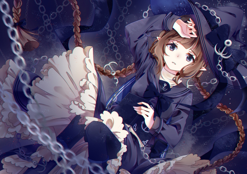1girl anchor_symbol arm_up blue_eyes blue_legwear blue_ribbon blue_shirt blue_skirt book braid brown_hair chain e.tk fishing_hook hair_ribbon hat highres holding holding_book knees_together_feet_apart long_sleeves looking_at_viewer oounabara_to_wadanohara parted_lips pointy_ears ribbon school_uniform serafuku shirt skirt solo twin_braids underwater wadanohara witch_hat