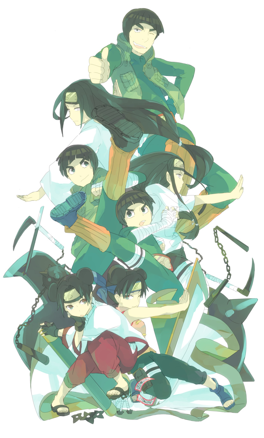black_hair bowl_cut dual_persona eyebrows fighting_stance forehead_protector highres hyuuga_neji might_guy naruto naruto_shippuuden one_eye_closed pose rock_lee tenten thick_eyebrows thumbs_up todo_(16841197)