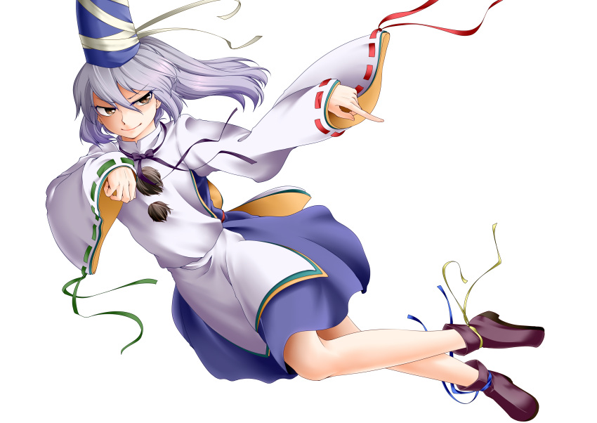 &gt;:) 0-den 1girl absurdres blue_ribbon blue_skirt brown_eyes commentary_request full_body green_ribbon hat highres japanese_clothes kariginu long_sleeves mononobe_no_futo pointing pom_pom_(clothes) ponytail red_ribbon ribbon ribbon-trimmed_sleeves ribbon_trim silver_hair skirt smile solo tate_eboshi touhou tsurime white_background wide_sleeves yellow_ribbon