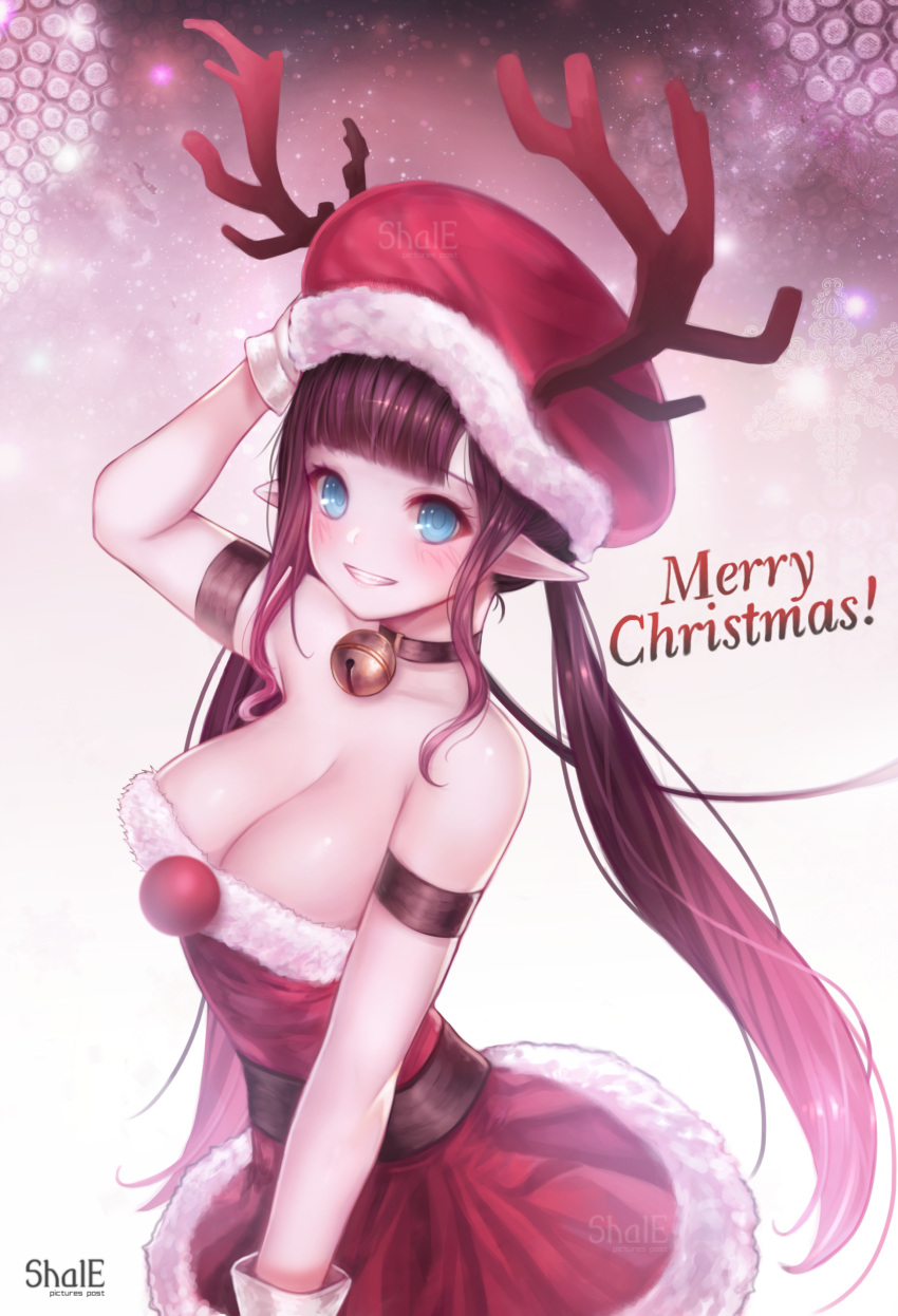 1girl absurdres antlers arm_up artist_name bare_shoulders bell bell_collar blue_eyes blush breasts brown_hair cleavage collar dress english fur_trim grin hand_behind_head hat highres original pointy_ears red_dress reindeer_antlers santa_costume santa_hat shale sleeveless sleeveless_dress smile solo twintails watermark