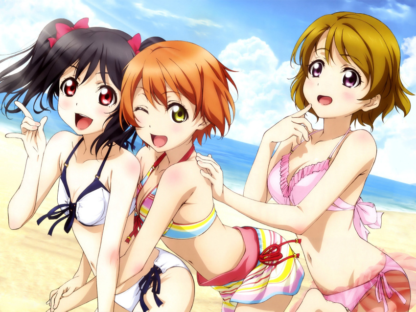 3girls :d ;d \m/ artist_request barefoot beach bikini bikini_shorts black_hair body_blush bow brown_hair dutch_angle finger_to_mouth front-tie_bikini front-tie_top hair_bow halterneck hand_on_another's_shoulder highres hoshizora_rin hug hug_from_behind koizumi_hanayo long_hair looking_at_viewer love_live! love_live!_school_idol_project multicolored_bikini multiple_girls navel official_art one_eye_closed open_mouth orange_hair outdoors pink_swimsuit red_eyes sarong short_hair shorts side-tie_bikini smile swimsuit twintails violet_eyes yazawa_nico yellow_eyes