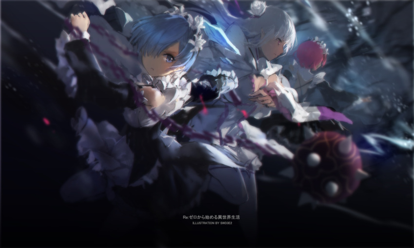 3girls action apron artist_name back ball_and_chain bangs battle blue_eyes blue_hair blurry braid breasts copyright_name depth_of_field detached_sleeves dress emilia_(re:zero) flower frills glowing hair_flower hair_ornament hair_over_one_eye highres holding holding_weapon long_hair looking_at_viewer maid motion_blur multiple_girls one_eye_covered outstretched_arms pantyhose pink_hair pointy_ears profile ram_(re:zero) re:zero_kara_hajimeru_isekai_seikatsu rem_(re:zero) ribbon rose short_hair siblings silver_hair sisters swd3e2 thigh-highs twins violet_eyes waist_apron weapon white_apron white_flower white_legwear white_rose wide_sleeves x_hair_ornament