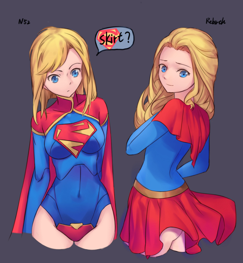 1girl blonde_hair blue_eyes breasts cape commentary comparison dc_comics highres leotard long_hair skirt smile solo supergirl thighs tsuki_suigetsu turnaround