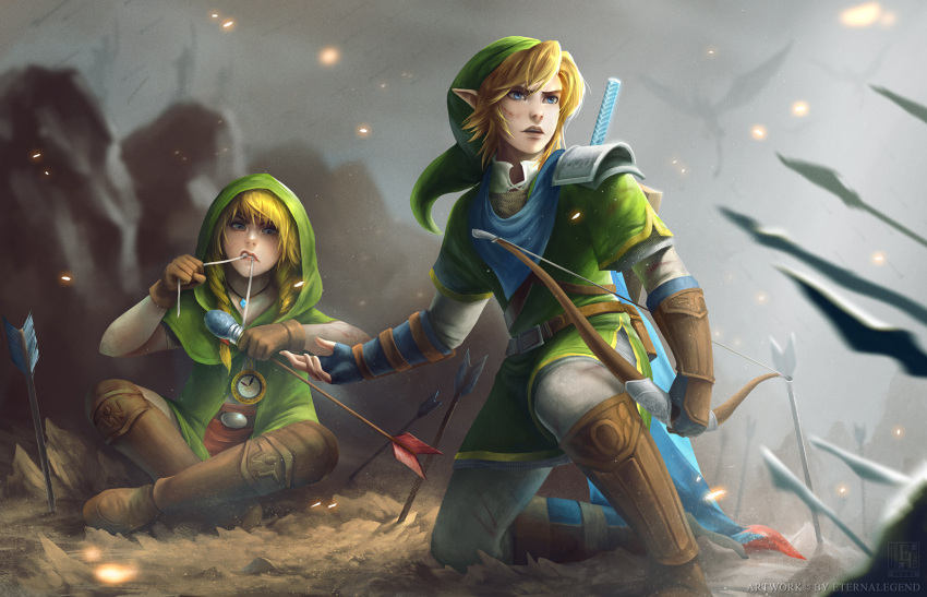 1boy 1girl arrow blonde_hair bow_(weapon) compass embers eternal_legend highres hood indian_style kneeling link linkle nintendo scarf sitting the_legend_of_zelda weapon zelda_musou