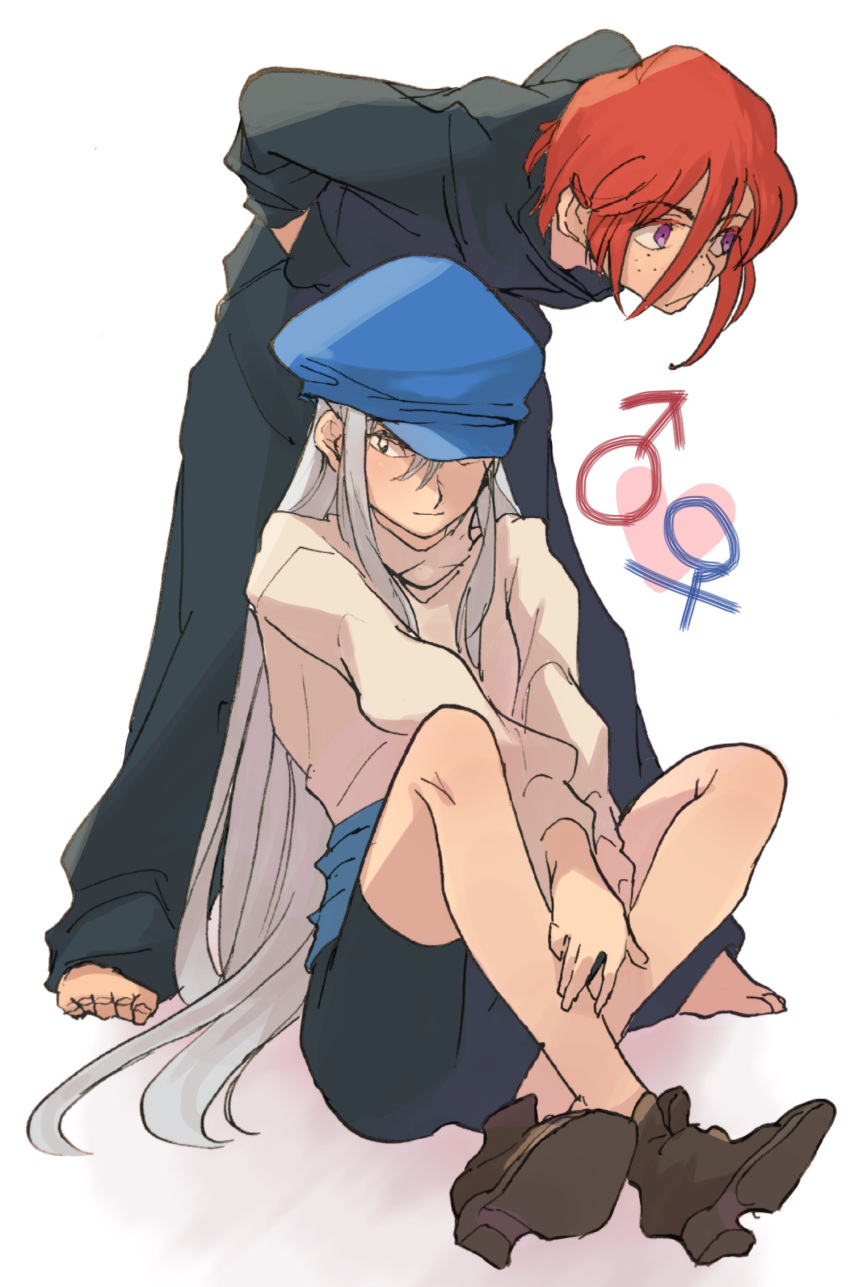 1boy 1girl bangs barefoot bent_over black_eyes black_pants black_shirt black_shorts blue_hat brown_shoes closed_mouth freckles full_body genderswap genderswap_(ftm) genderswap_(mtf) grey_hair hair_between_eyes hands_in_pockets hat highres hunter_x_hunter ichihara_yuuto kite_(chimera_ant)_(hunter_x_hunter) kite_(hunter_x_hunter) knees_up light_frown light_smile long_hair long_sleeves looking_at_viewer looking_away mars_symbol one_eye_covered own_hands_together pants redhead sash shade shirt shoes shorts silver_hair sitting sketch smile spoilers standing turtleneck venus_symbol very_long_hair violet_eyes white_background white_shirt