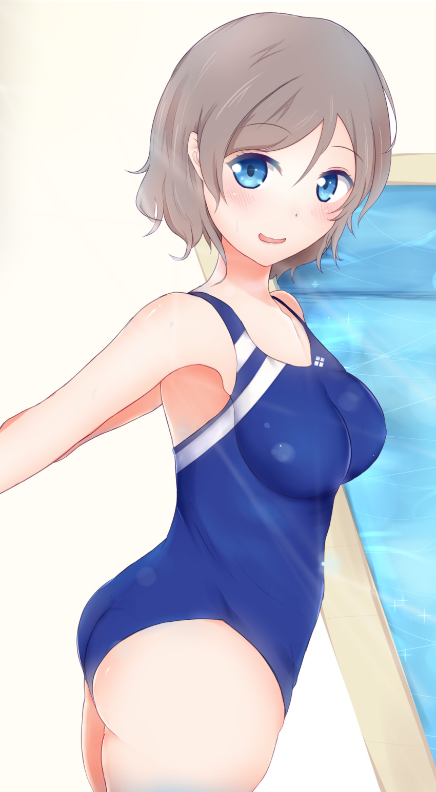 1girl arms_behind_back ass blue_eyes blush breasts brown_hair competition_school_swimsuit competition_swimsuit cowboy_shot highres looking_at_viewer love_live! love_live!_sunshine!! mitsuba_(watergarden) one-piece_swimsuit open_mouth pool poolside short_hair sketch smile solo standing swimsuit watanabe_you water