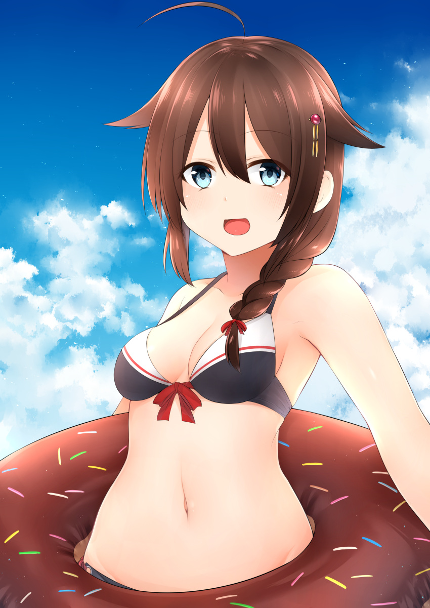 1girl absurdres adapted_costume ahoge akky_(akimi1127) bikini blue_eyes breasts brown_hair cleavage doughnut food hair_flaps hair_ornament hair_over_shoulder highres kantai_collection long_hair navel open_mouth remodel_(kantai_collection) shigure_(kantai_collection) sky smile solo swimsuit