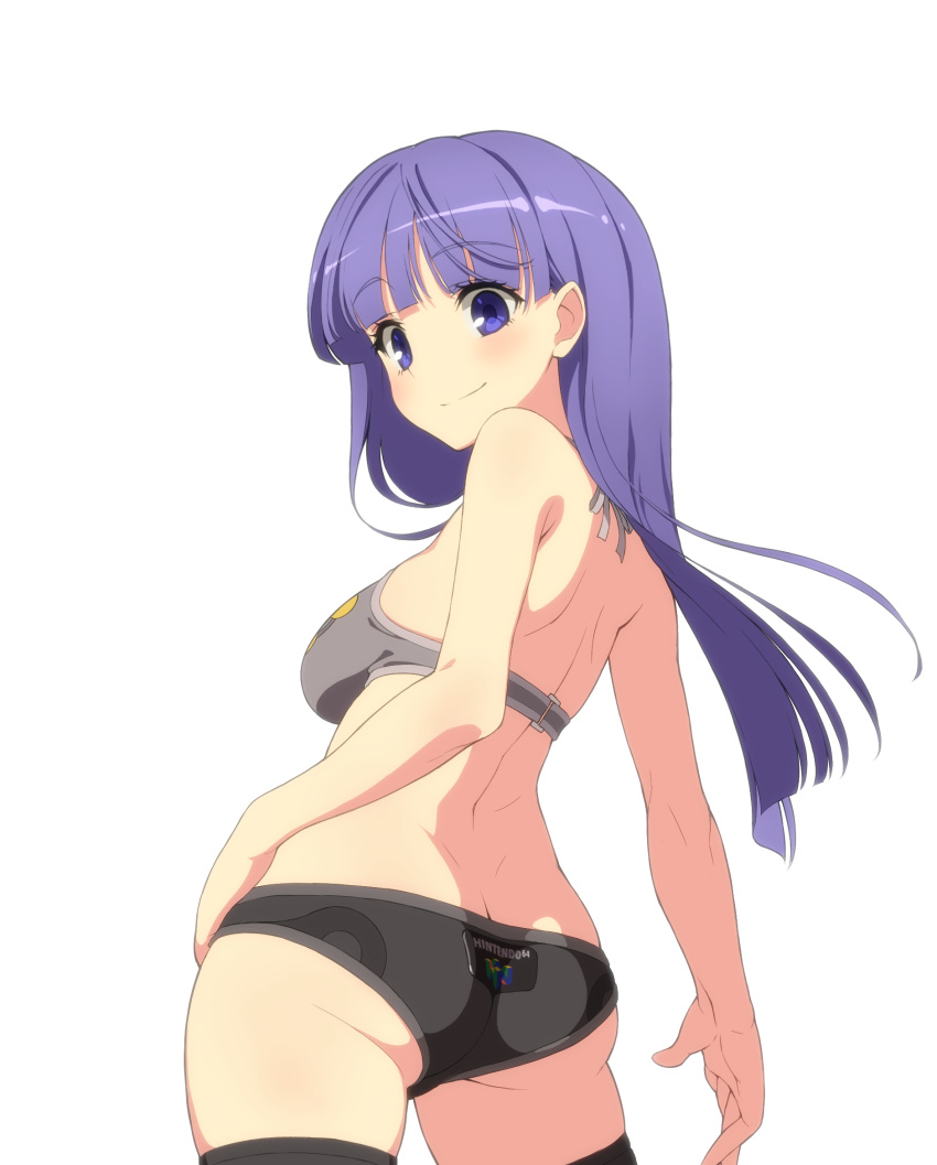 1girl aoi_kasumi ass back bangs bikini blunt_bangs blush brand_name_imitation breasts butt_crack closed_mouth clothes_writing cowboy_shot eyebrows eyebrows_visible_through_hair from_behind from_side game_console halter_top halterneck hand_on_hip highres long_hair looking_at_viewer looking_back medium_breasts nintendo nintendo_64 original original_character os-tan purple_hair ryo_mizuse simple_background smile solo swimsuit thigh-highs violet_eyes white_background