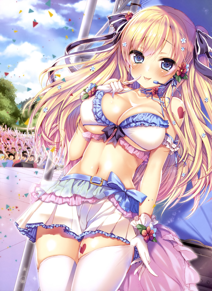 1girl :p absurdres arm_garter ayuma_sayu bare_shoulders belt bikini blonde_hair blue_eyes blush breasts buckle cleavage clouds crowd dutch_angle flower frilled_bikini frills gloves hair_flower hair_ornament hair_ribbon headset heart highres large_breasts long_hair looking_at_viewer navel ribbon skirt sky smile swimsuit thigh-highs thighhighs_pull tongue tongue_out tree twintails white_bikini white_gloves white_legwear