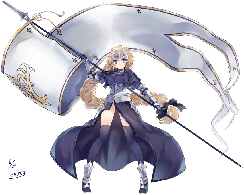 1girl armor armored_boots banner blonde_hair blue_legwear boots braid breasts fate/apocrypha fate/grand_order fate_(series) full_body gauntlets hair_ribbon helmet highres kou_mashiro long_hair looking_at_viewer polearm ribbon ruler_(fate/apocrypha) simple_background solo thigh-highs very_long_hair weapon white_background