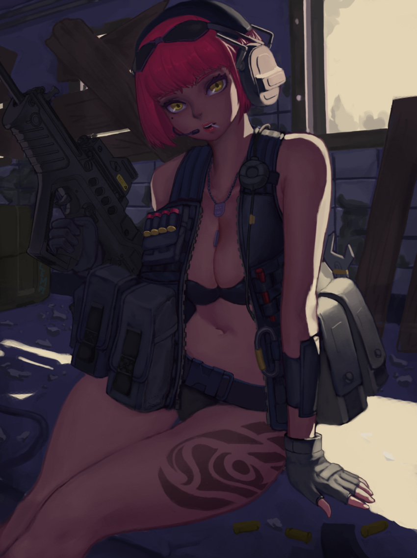1girl arm_at_side arm_support assault_rifle asymmetrical_gloves backlighting bag bangs bare_shoulders between_breasts bikini black_bikini blunt_bangs boarded_windows bob_cut breasts buckle bullet bullpup bypos cable candy cleavage debris eotech eyelashes finger_on_trigger fingerless_gloves food_in_mouth gloves gun headphones headset highres holding holding_gun holding_weapon imi_tavor_tar-21 large_breasts leg_tattoo load_bearing_vest lollipop looking_at_viewer magazine_(weapon) microphone mole mole_under_eye mouth_hold navel original pink_hair pink_lips plank rifle shade shell_casing short_hair sitting sleeveless solo stomach sunglasses sunglasses_on_head swimsuit tattoo thigh_gap tools unzipped weapon window wood wrench yellow_eyes