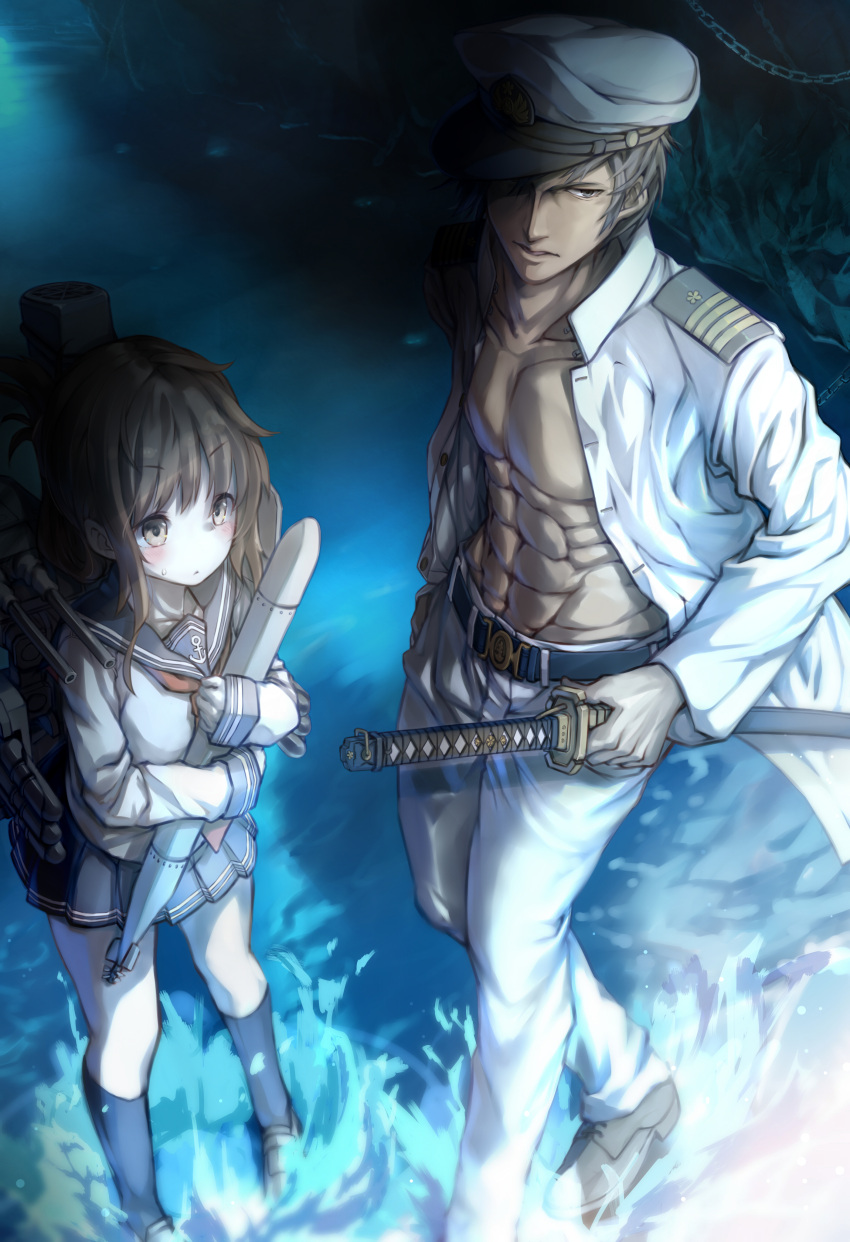 1boy 1girl abs absurdres admiral_(kantai_collection) anchor_symbol bangs belt belt_buckle black_hair black_legwear black_shoes black_skirt blue blush breasts brown_eyes brown_hair buckle chain chest closed_mouth dark_skin expressionless eyebrows eyebrows_visible_through_hair folded_ponytail from_above gloves hat hat_over_one_eye height_difference highres holding holding_sword holding_weapon inazuma_(kantai_collection) insignia kantai_collection katana katoroku kneehighs legs_apart loafers long_hair long_sleeves machinery manly medium_breasts military military_uniform miniskirt naval_uniform neckerchief ocean one_eye_covered open_clothes open_shirt pants peaked_cap pectorals pleated_skirt scabbard school_uniform serafuku shadow sheath sheathed shirt shoes skirt standing standing_on_liquid sword torpedo unbuttoned unbuttoned_shirt uniform weapon white_gloves white_hat white_pants white_shirt