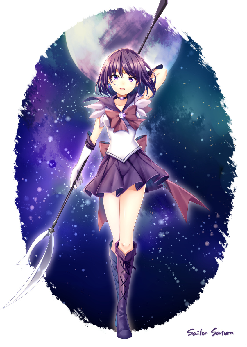 1girl absurdres bishoujo_senshi_sailor_moon black_hair blue_background boots bow brooch brown_bow character_name choker cross-laced_footwear elbow_gloves full_body full_moon gloves highres jewelry knee_boots lace-up_boots looking_at_viewer magical_girl moon pleated_skirt polearm purple_boots purple_skirt sailor_collar sailor_saturn short_hair silence_glaive skirt smile solo spear standing tiara tomoe_hotaru violet_eyes weapon white_gloves yuya_(night_lily)
