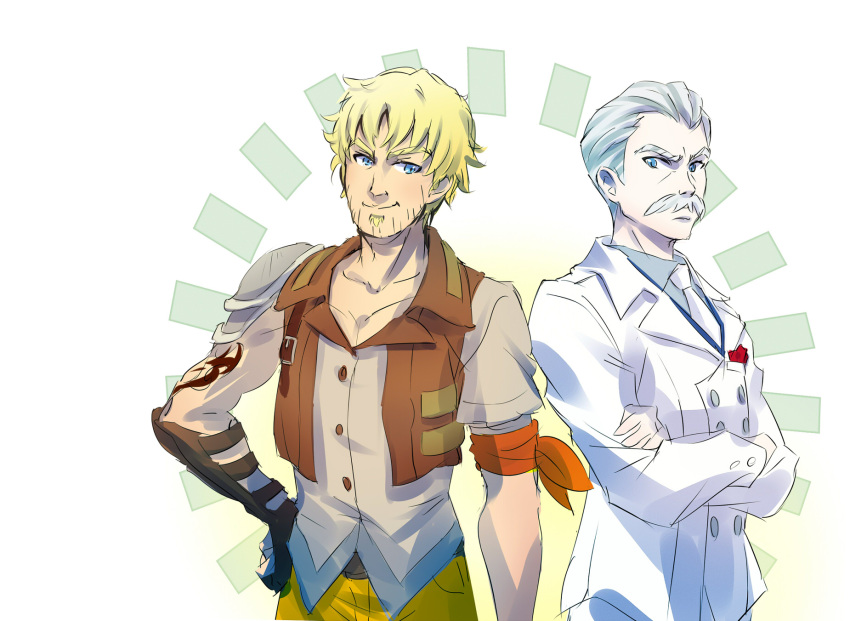2boys blonde_hair blue_eyes facial_hair formal grey_hair highres iesupa male_focus multiple_boys muscle mustache rwby soul_patch stubble suit taiyang_xiao_long tattoo weiss_schnee's_father