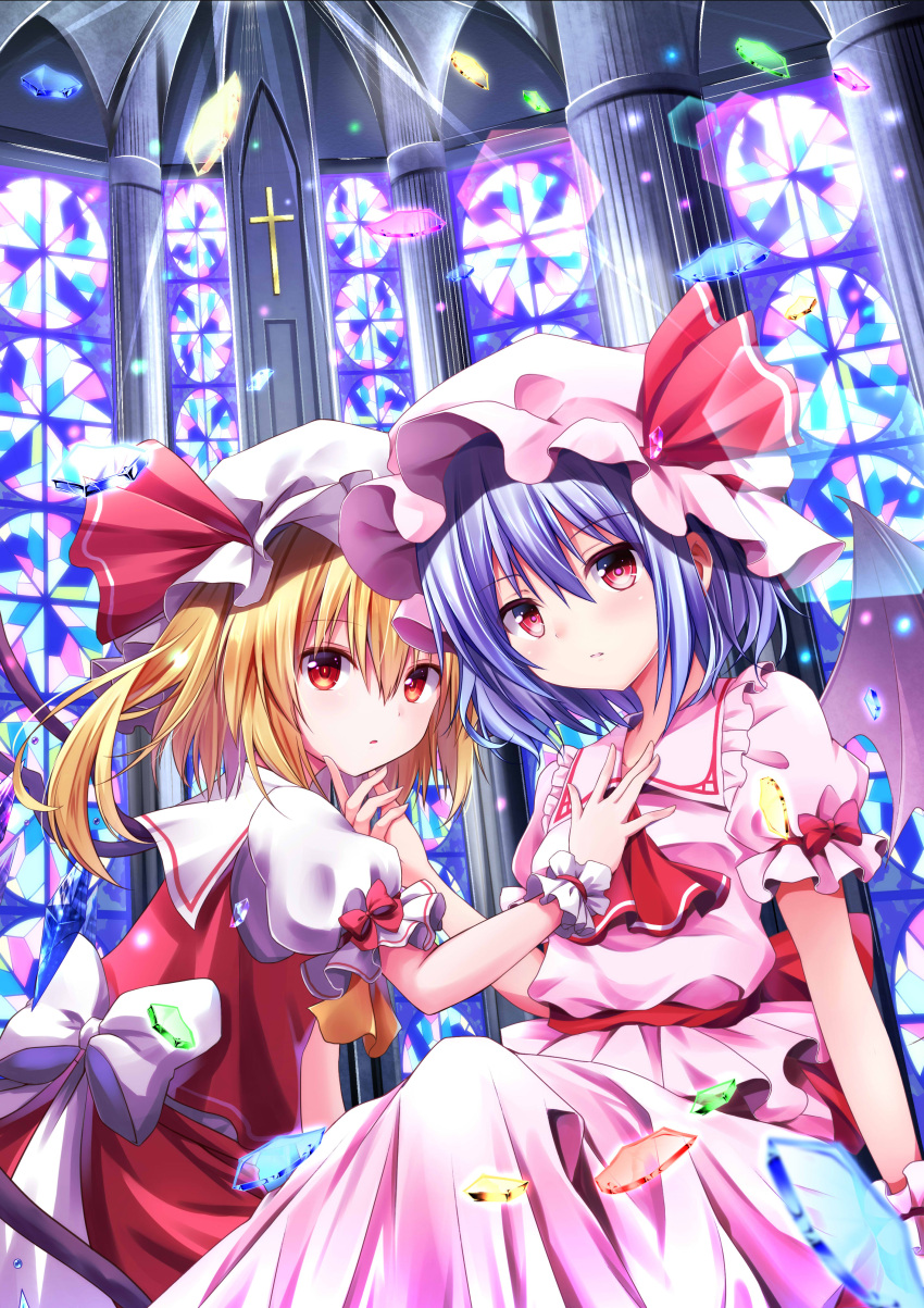 2girls absurdres ascot bat_wings blonde_hair blue_hair blush bow church column cross dress eyebrows eyebrows_visible_through_hair flandre_scarlet frilled_dress frilled_shirt frilled_shirt_collar frilled_sleeves frills glass hair_between_eyes hand_on_another's_face hat hat_bow hat_ribbon highres hyurasan long_hair looking_at_viewer mob_cap multiple_girls pillar pink_dress puffy_short_sleeves puffy_sleeves red_bow red_eyes red_ribbon remilia_scarlet ribbon shirt short_hair short_sleeves siblings side_ponytail sisters sitting stained_glass touhou wings wristband