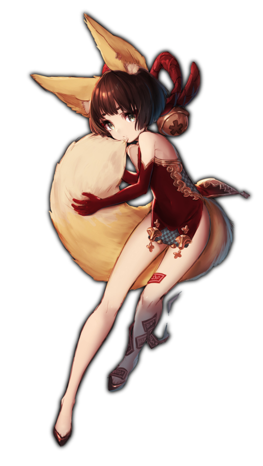 1girl 4th animal_ears bangs bare_shoulders bell brown_hair checkered china_dress chinese_clothes dress elbow_gloves eyelashes flat_chest flats fox_ears fox_tail full_body gloves grey_eyes highres jingle_bell looking_at_viewer ofuda original pelvic_curtain pout red_dress red_gloves red_shoes rope shoes short_dress simple_background sleeveless sleeveless_dress solo tail tail_hug white_background