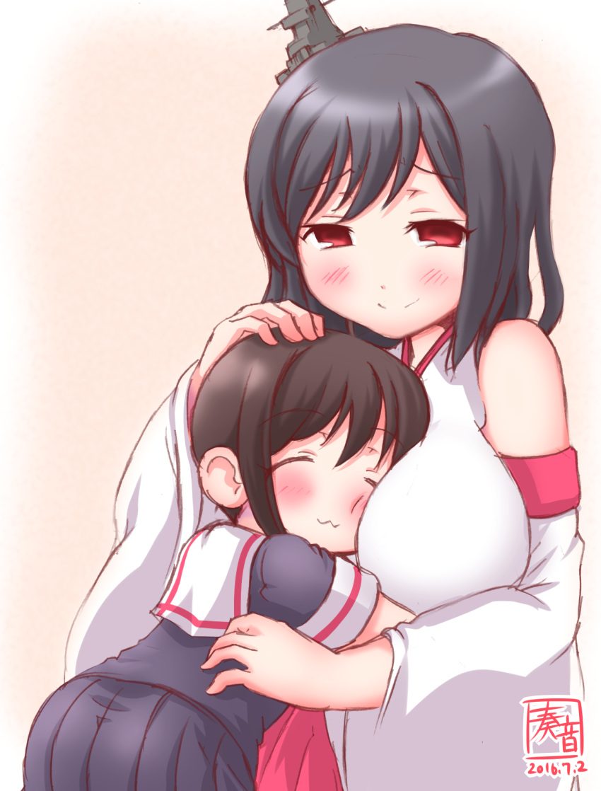 2girls :3 black_hair black_serafuku black_skirt blush breasts brown_hair closed_eyes commentary_request detached_sleeves hair_ornament hand_on_another's_head headgear highres hug japanese_clothes kanon_(kurogane_knights) kantai_collection large_breasts multiple_girls nontraditional_miko pleated_skirt red_eyes school_uniform serafuku shigure_(kantai_collection) short_hair short_sleeves skirt smile wide_sleeves yamashiro_(kantai_collection)