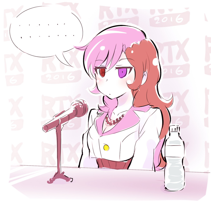 ... 1girl 2016 blush bottle breasts brown_eyes cleavage expressionless heterochromia highres iesupa jewelry jitome long_hair microphone microphone_stand multicolored_hair necklace neo_(rwby) roosterteeth rwby sitting solo spoken_ellipsis two-tone_hair upper_body violet_eyes water_bottle