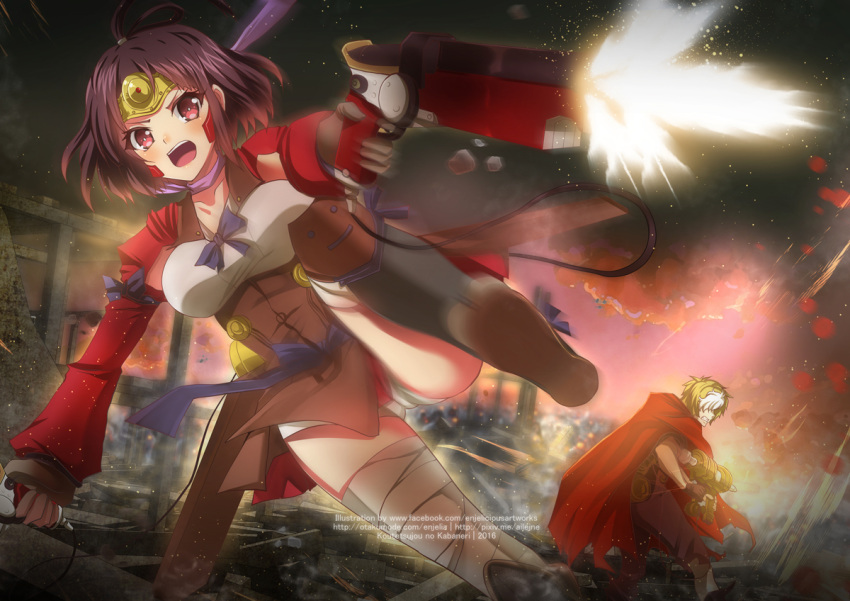 1boy 1girl 2016 ailejne bandages black_hair blue_ribbon brown_eyes brown_hair collarbone gun holding holding_gun holding_weapon ikoma_(kabaneri) koutetsujou_no_kabaneri looking_at_viewer multicolored_hair mumei_(kabaneri) open_mouth purple_ribbon ribbon short_hair shorts shorts_under_skirt silver_hair two-tone_hair watermark weapon white_shorts