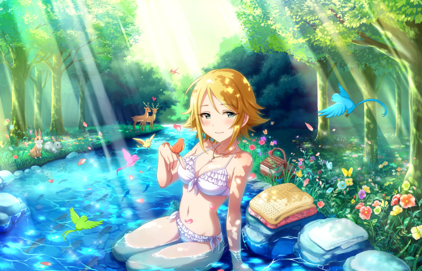 1girl artist_request basket bird blonde_hair blush bra breasts cleavage deer forest frilled_bra frilled_panties frills green_eyes idolmaster idolmaster_cinderella_girls idolmaster_cinderella_girls_starlight_stage jewelry jpeg_artifacts large_breasts nature navel necklace official_art panties petals river short_hair smile swimsuit umeki_otoha underwear underwear_only water