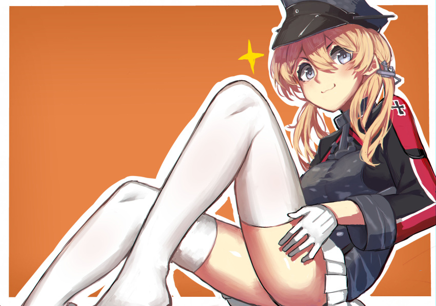 1girl breasts gloves grey_eyes hat highres kantai_collection looking_at_viewer military_hat prinz_eugen_(kantai_collection) sitting smile solo thigh-highs white_gloves white_legwear wulazula