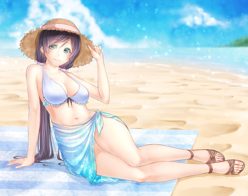 1girl aqua_eyes arm_at_side arm_support bangs beach bikini blanket blue_sky blurry blush breasts cleavage closed_mouth clouds depth_of_field eyebrows eyebrows_visible_through_hair frilled_bikini frills full_body hair_ornament hair_scrunchie hand_on_headwear hat hat_ribbon large_breasts lens_flare long_hair looking_at_viewer love_live! love_live!_school_idol_project low_twintails navel noppi_(noppi_98) ocean outdoors plant purple_hair ribbon sand sandals sarong scrunchie sitting sky smile solo sparkle stomach straw_hat string striped summer swimsuit toujou_nozomi twintails very_long_hair white_background yokozuwari