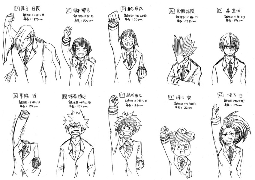 3girls 6+boys arm_up bakugou_katsuki boku_no_hero_academia character_name crossed_arms extra_arms grin hagakure_tooru hair_over_one_eye hand_in_pocket ichiko365 invisible jirou_kyouka mask midoriya_izuku mineta_minoru monochrome multicolored_hair multiple_boys multiple_girls plug ponytail scar school_uniform sero_hanta short_hair shouji_mezou smile todoroki_shouto tokoyami_fumikage translation_request two-tone_hair yaoyorozu_momo