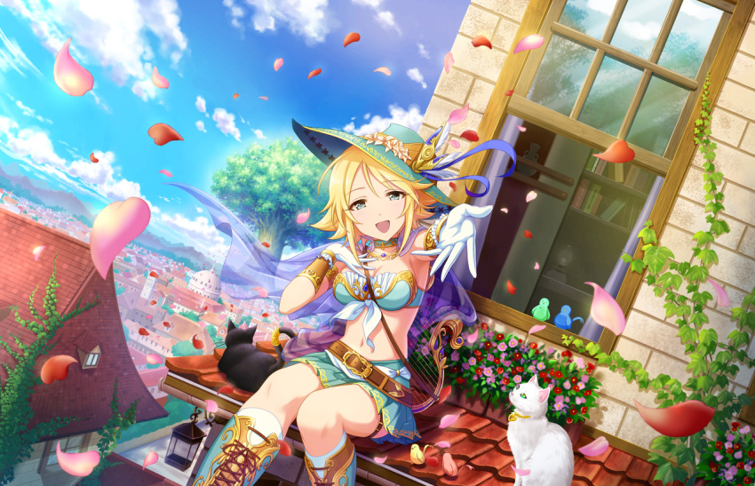 1girl :d armlet artist_request belt blonde_hair boots breasts bustier cape cat choker cleavage cross-laced_footwear front-tie_top gloves green_eyes hand_on_own_chest harp hat idolmaster idolmaster_cinderella_girls idolmaster_cinderella_girls_starlight_stage instrument jewelry jpeg_artifacts lyre midriff navel official_art open_mouth petals pleated_skirt short_hair skirt smile solo tile_roof tiles tree umeki_otoha vambraces white_gloves