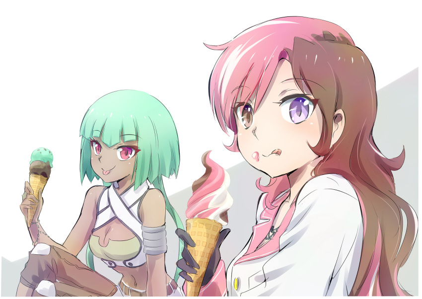 2girls armband breasts brown_eyes brown_hair cleavage dark_skin emerald_sustrai food food_on_face green_hair heterochromia highres ice_cream ice_cream_cone iesupa jewelry midriff multicolored_hair multiple_girls navel necklace neo_(rwby) object_namesake pink_hair red_eyes rwby tongue tongue_out violet_eyes white_hair