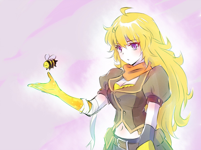 1girl adventure_time animal bandages bee blonde_hair breasts breezy commentary_request crossover iesupa long_hair rwby spoilers violet_eyes yang_xiao_long