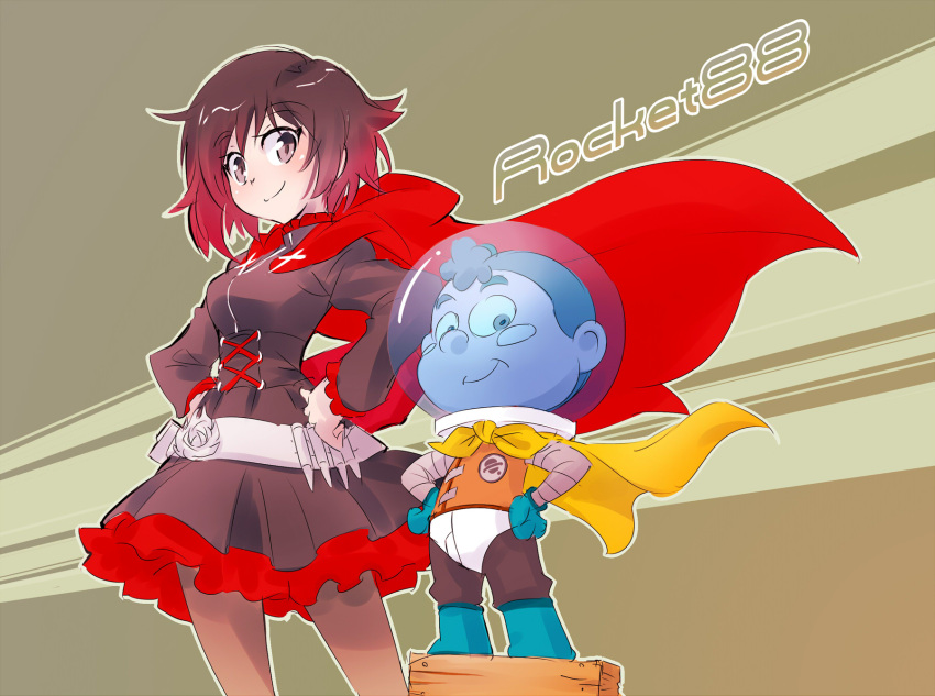 1boy 1girl brown_hair bullet camp_camp company_connection gradient_hair grey_eyes highres iesupa multicolored_hair pantyhose redhead roosterteeth ruby_rose rwby space_helmet space_kid_(camp_camp) standing_on_object