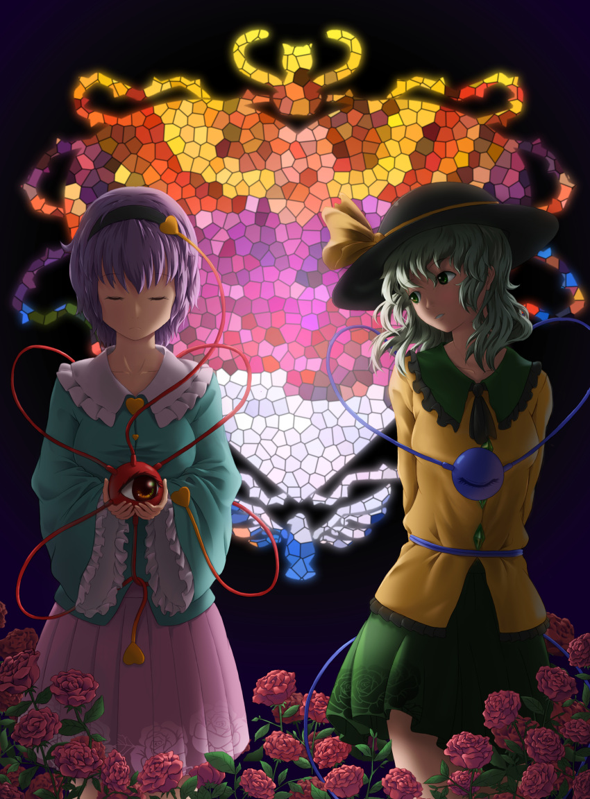 2girls absurdres arms_behind_back backlighting blouse bow breasts closed_eyes collar diamond_(shape) expressionless flower frilled_collar frills gradient gradient_background green_eyes green_hair green_skirt grin hairband hat hat_bow heart highres holding komeiji_koishi komeiji_satori long_hair long_sleeves looking_at_another multiple_girls pleated_skirt purple_background purple_hair purple_skirt rose short_hair siblings sisters skirt smile stained_glass standing third_eye touhou wide_sleeves zxmpcf