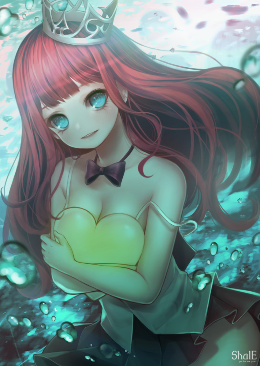 1girl artist_name bare_shoulders black_bow black_bowtie black_skirt blue_eyes blush bow bowtie breasts bubble camisole cleavage crown english heart highres holding long_hair looking_at_viewer original parted_lips pleated_skirt redhead shale skirt solo strap_slip underwater