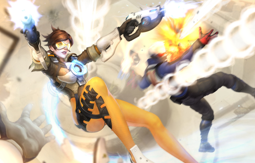 battle brown_hair dual_wielding explosion firing goggles gun highres overwatch parted_lips short_hair skin_tight soldier:_76_(overwatch) tracer_(overwatch) weapon white_hair yoon_lee