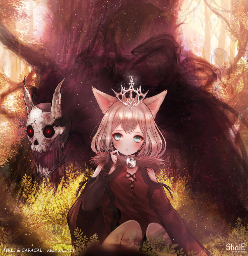 1girl against_tree animal_ears artist_name black_dress blonde_hair blue_eyes blush crown dress english forest fur_collar glint glowing glowing_eyes grass head_tilt highres looking_away nature original outdoors red_eyes shale sitting skull solo tree