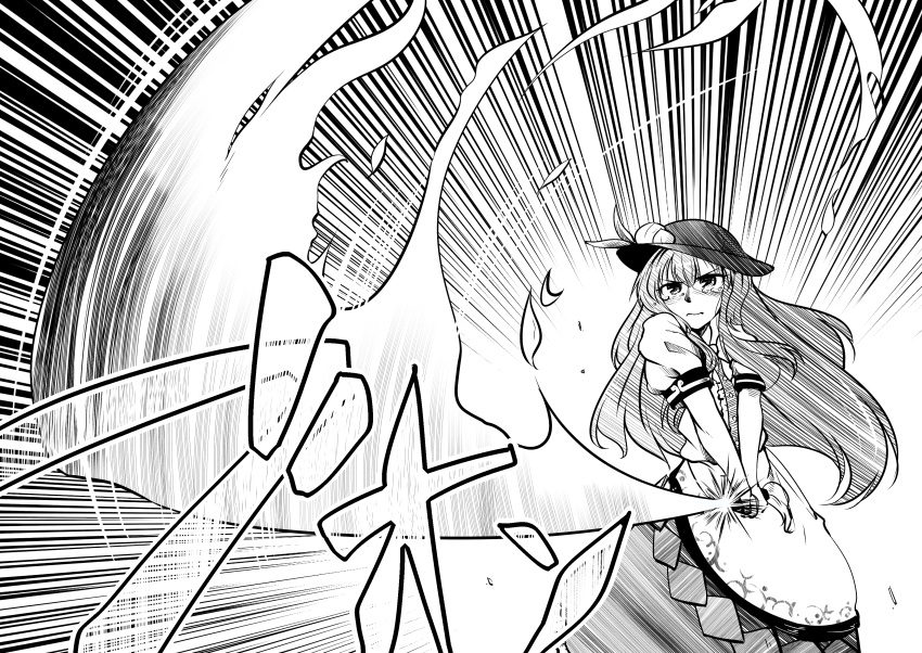 0-den 1girl absurdres blush commentary_request crying crying_with_eyes_open dress_shirt food foreshortening frills fruit greyscale hat highres hinanawi_tenshi leaf long_hair looking_at_viewer monochrome nose_blush peach puffy_short_sleeves puffy_sleeves rainbow_order shirt short_sleeves slashing solo sword_of_hisou tears touhou