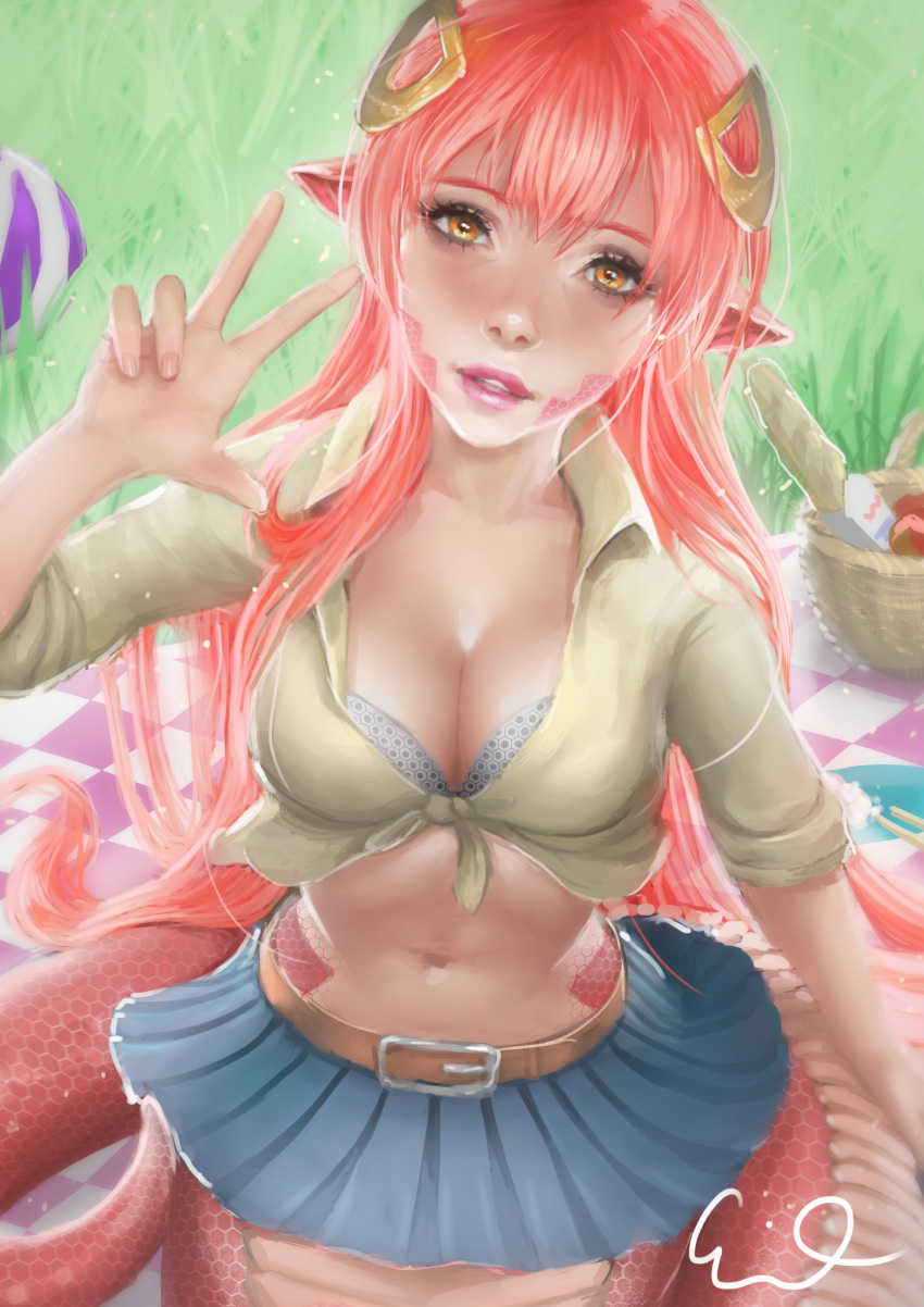 1girl absurdres blue_skirt bra breasts cleavage cowboy_shot front-tie_top geleebroetchen grass hair_ornament hairclip highres lamia long_hair midriff miia_(monster_musume) monster_girl monster_musume_no_iru_nichijou navel parted_lips picnic picnic_basket pointy_ears realistic redhead scales shirt signature skirt solo tied_shirt underwear very_long_hair yellow_eyes