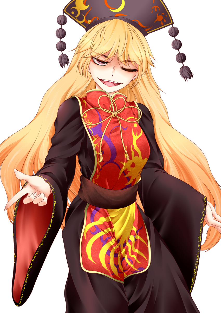 0-den 1girl ;d absurdres black_dress blonde_hair chinese_clothes commentary_request cowboy_shot crescent dress hat highres junko_(touhou) lipstick long_hair long_sleeves looking_at_viewer makeup one_eye_closed open_mouth red_eyes sash shaded_face smile solo tabard touhou very_long_hair white_background wide_sleeves