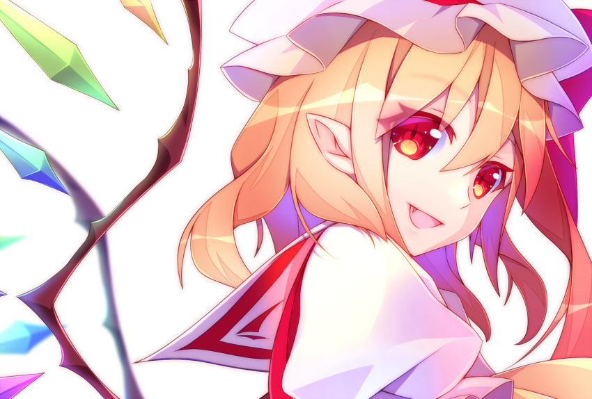 1girl blonde_hair crystal face fang flandre_scarlet from_side hat hat_ribbon kawasaki_toiro mob_cap open_mouth pointy_ears portrait puffy_sleeves red_eyes ribbon sailor_collar short_sleeves side_ponytail simple_background slit_pupils smile solo touhou white_background wings