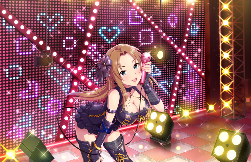 1girl artist_request blue_eyes boots breasts brown_hair cleavage cross-laced_footwear fishnet_legwear fishnets idolmaster idolmaster_cinderella_girls idolmaster_cinderella_girls_starlight_stage lace-up_boots long_hair matsumoto_sarina microphone official_art solo sparkle thigh-highs thigh_boots