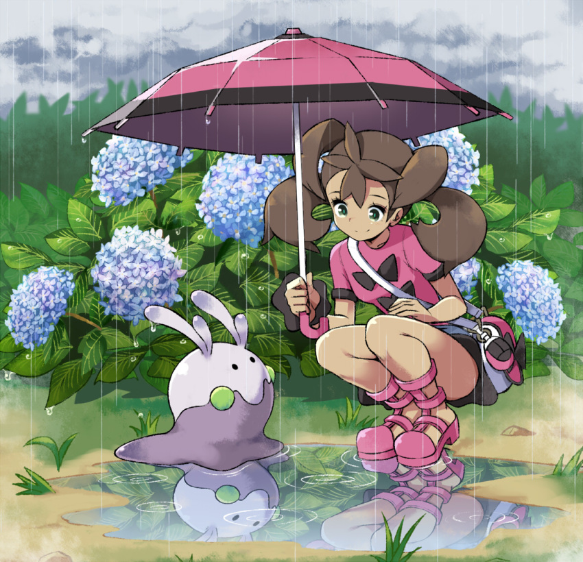 1girl dark_skin flower goomy hydrangea plant pokemon pokemon_(creature) pokemon_(game) pokemon_xy puddle rain sana_(pokemon) smile tm_(hanamakisan) umbrella water
