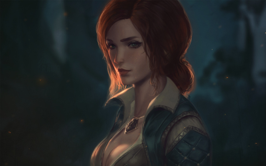 1girl breasts cleavage embers hair_bun highres jewelry necklace raikoart redhead solo the_witcher the_witcher_3 triss_merigold