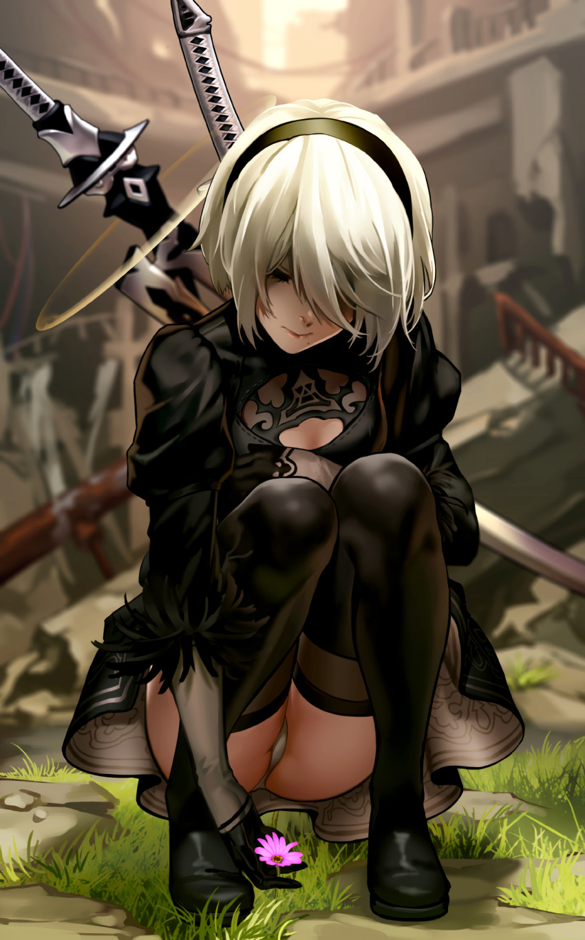 1girl as109 bangs blindfold breasts cleavage_cutout closed_eyes highres mole mole_under_mouth nier nier_(series) nier_automata panties pantyshot pantyshot_(squatting) puffy_sleeves short_hair silver_hair small_breasts solo squatting sword underwear upskirt weapon white_panties yorha_unit_no._2_type_b