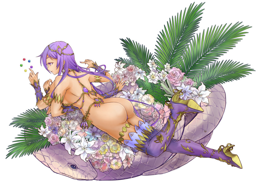 1girl armlet ass back boots earrings fern flower high_heels jewelry kali_(p&amp;d) leg_up lily_(flower) long_hair lying mole mole_under_mouth mrider multiple_arms nail_polish on_stomach purple_hair puzzle_&amp;_dragons rose simple_background snake solo thigh-highs thigh_boots thigh_strap thong very_long_hair violet_eyes white_background
