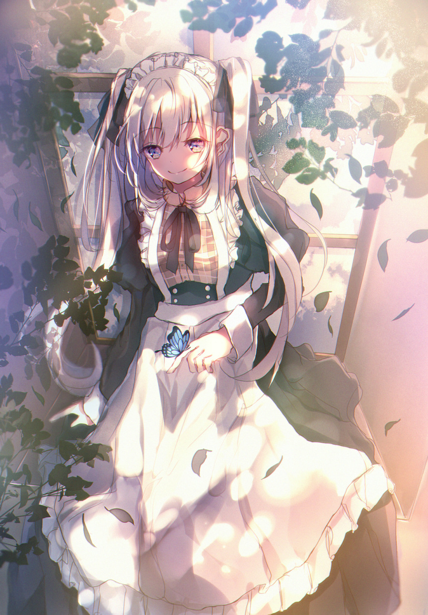 1girl apron arm_at_side bangs black_dress black_ribbon blue_eyes butterfly_on_hand closed_mouth dappled_sunlight dress eyebrows eyebrows_visible_through_hair eyelashes fate/grand_order fate_(series) flower frills from_above hair_ribbon hatou_midori highres juliet_sleeves leaf light_particles long_hair long_sleeves looking_at_viewer looking_down maid maid_headdress marie_antoinette_(fate/grand_order) neck_ribbon outdoors plaid plant puffy_sleeves ribbon shade sidelocks silver_hair sitting smile solo sunlight twintails very_long_hair white_apron window