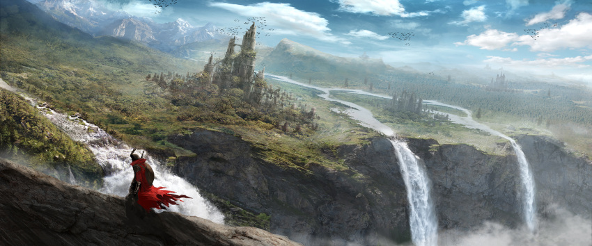 armor bird building cape clouds dutch_angle fantasy ginho grass highres mountain original outdoors scenery sky solo standing tree water waterfall