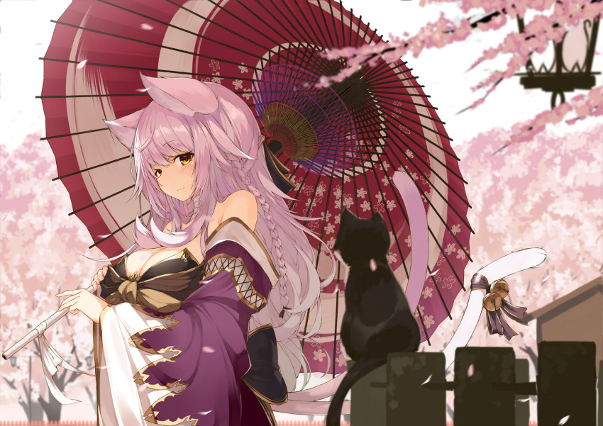1girl animal_ears bare_shoulders bell blush breasts cat cat_ears cat_tail cherry_blossoms cleavage detached_sleeves highres jingle_bell large_breasts long_hair looking_at_viewer multiple_tails nekomata oriental_umbrella original pink_hair revision ribbon smile solo tail tail_bell tail_ribbon translation_request umbrella yellow_eyes yuui_hutabakirage